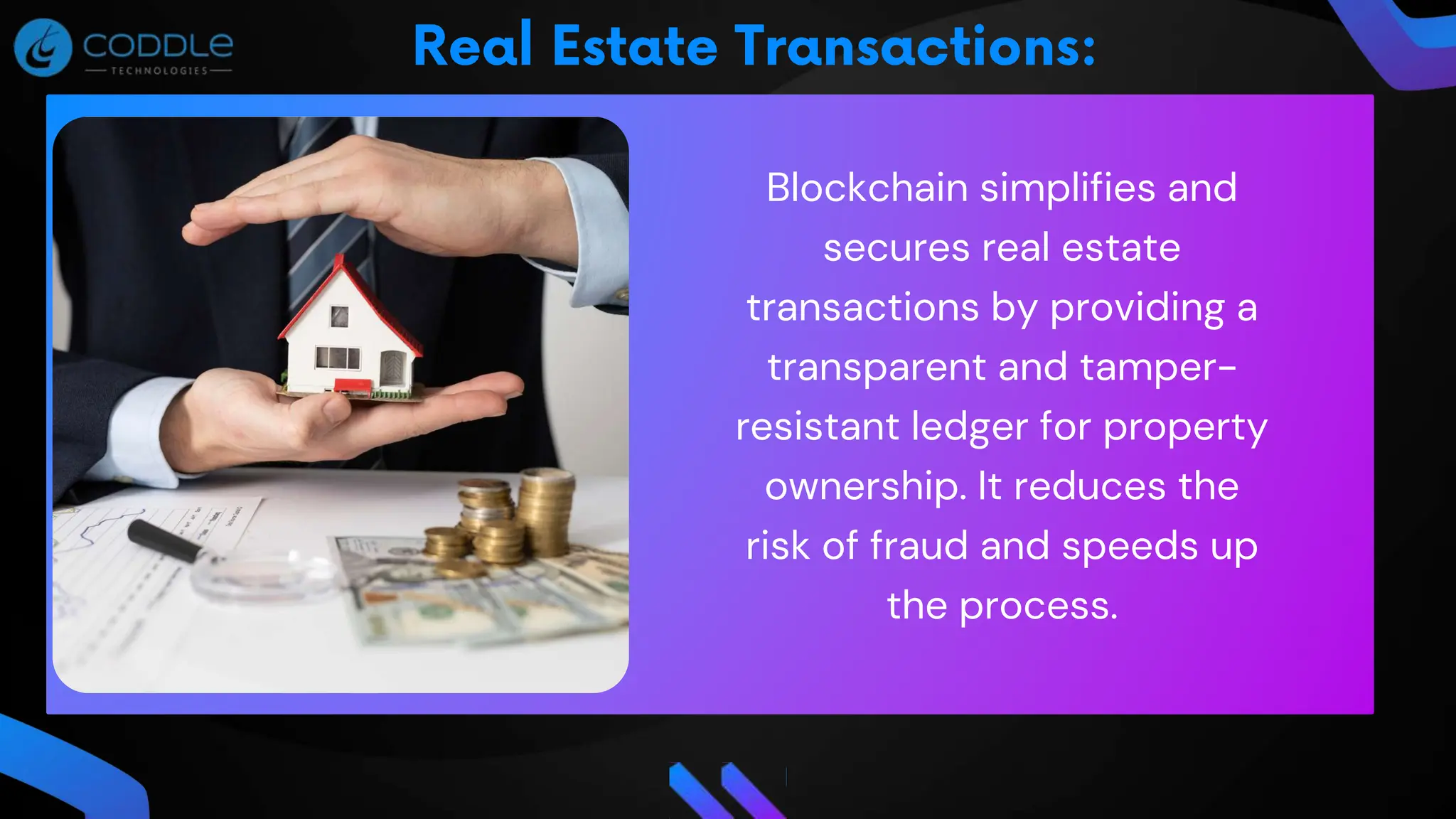Blockchain simplifies and
secures real estate
transactions by providing a
transparent and tamper-
resistant ledger for property
ownership. It reduces the
risk of fraud and speeds up
the process.
 