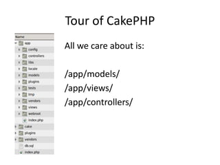 Tour of CakePHPAll we care about is:/app/models//app/views//app/controllers/