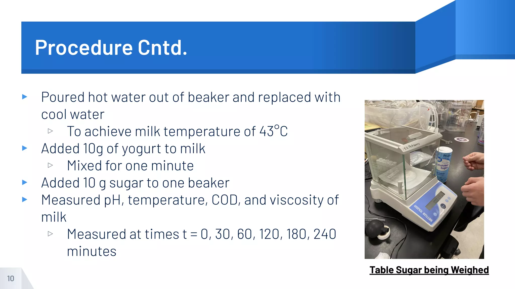 Procedure Cntd.
▸ Poured hot water out of beaker and replaced with
cool water
▹ To achieve milk temperature of 43°C
▸ Added 10g of yogurt to milk
▹ Mixed for one minute
▸ Added 10 g sugar to one beaker
▸ Measured pH, temperature, COD, and viscosity of
milk
▹ Measured at times t = 0, 30, 60, 120, 180, 240
minutes
10
Table Sugar being Weighed
 