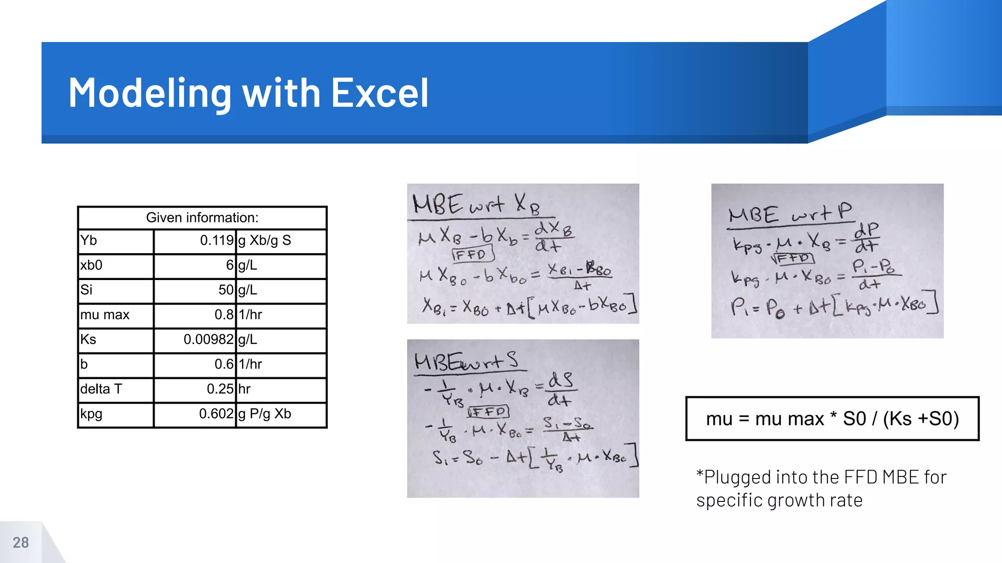 Modeling with Excel
28
Given information:
Yb 0.119 g Xb/g S
xb0 6 g/L
Si 50 g/L
mu max 0.8 1/hr
Ks 0.00982 g/L
b 0.6 1/hr
delta T 0.25 hr
kpg 0.602 g P/g Xb mu = mu max * S0 / (Ks +S0)
*Plugged into the FFD MBE for
speciﬁc growth rate
 