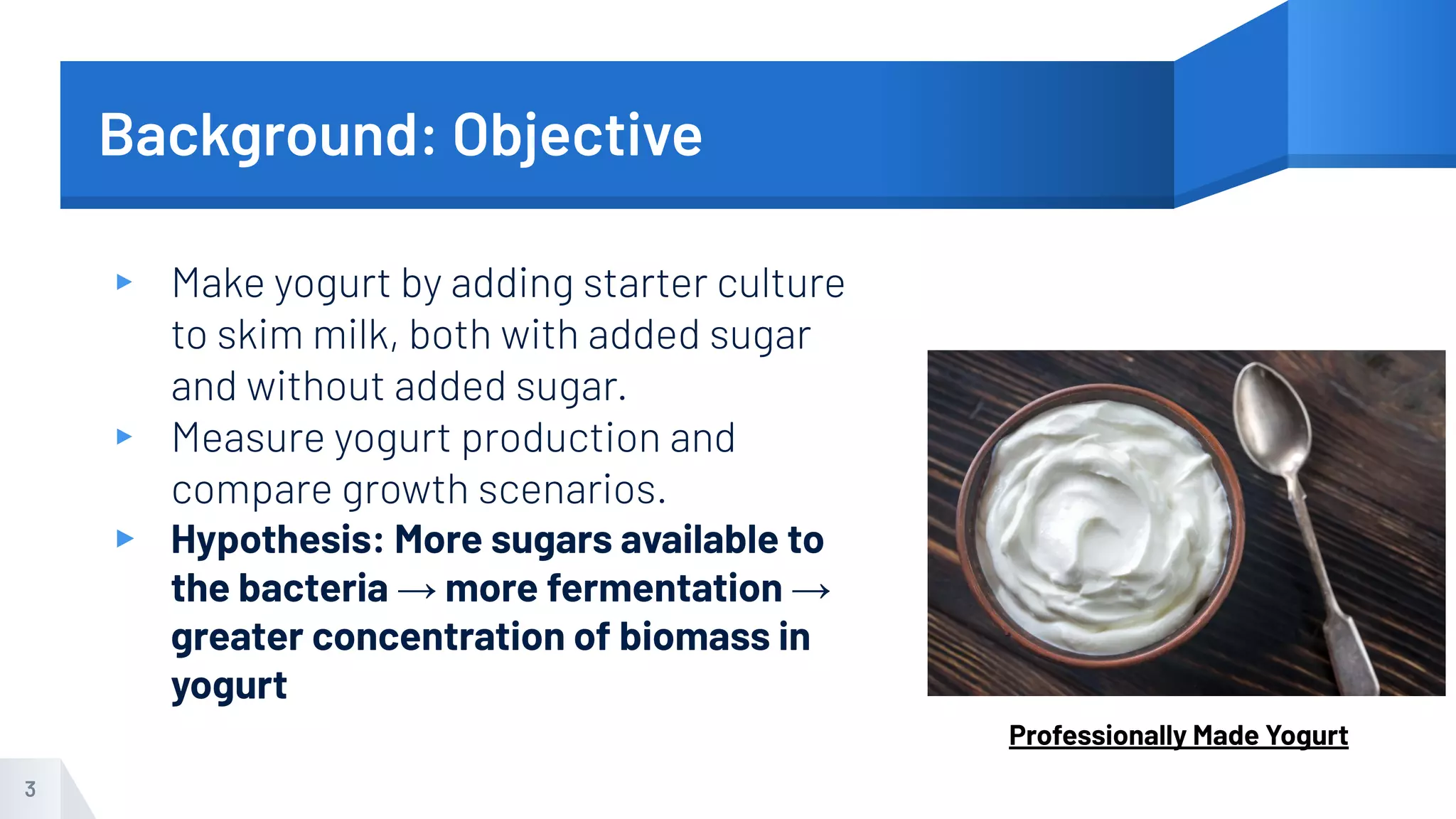 Background: Objective
▸ Make yogurt by adding starter culture
to skim milk, both with added sugar
and without added sugar.
▸ Measure yogurt production and
compare growth scenarios.
▸ Hypothesis: More sugars available to
the bacteria → more fermentation →
greater concentration of biomass in
yogurt
3
Professionally Made Yogurt
 