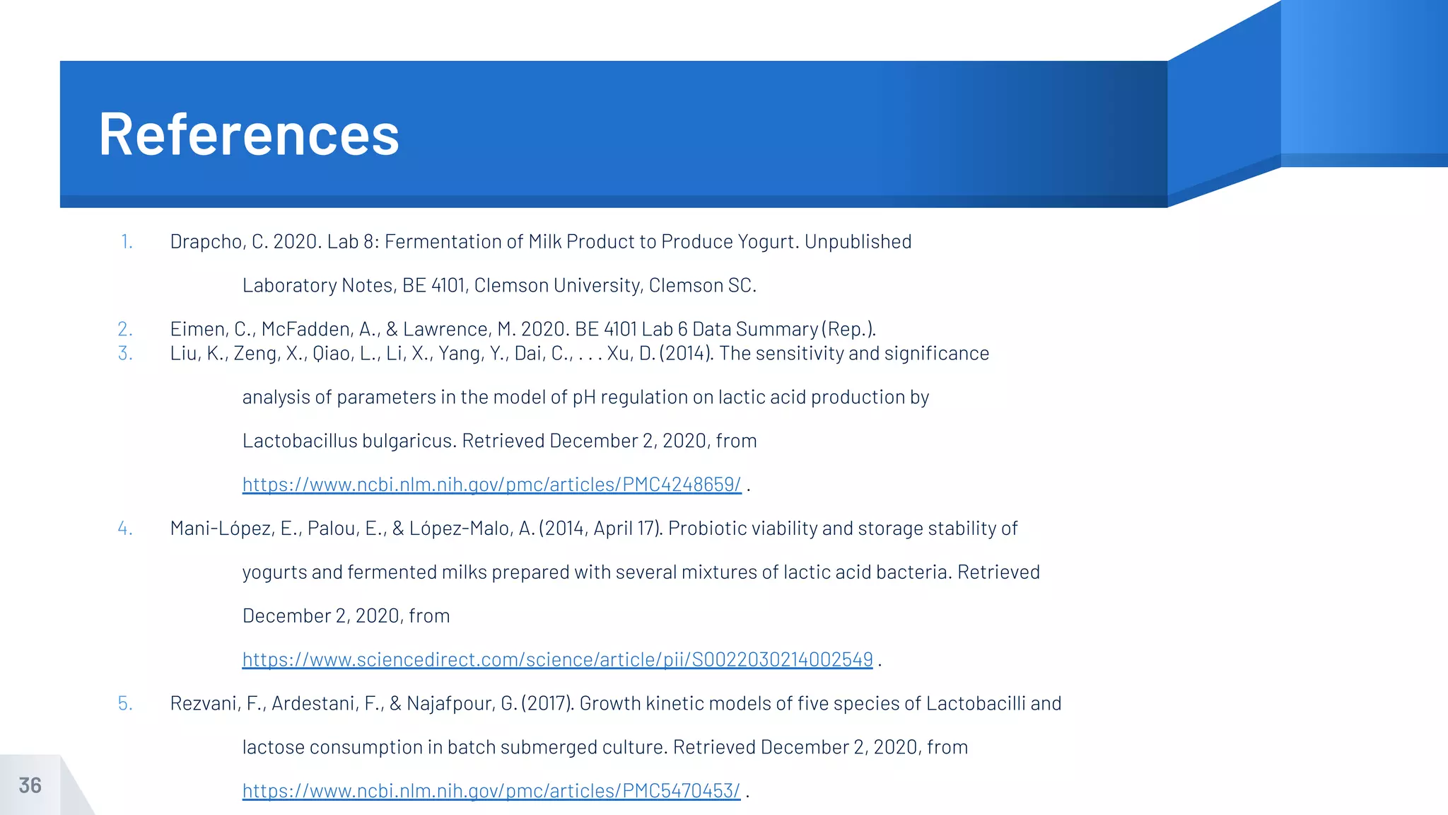 References
1. Drapcho, C. 2020. Lab 8: Fermentation of Milk Product to Produce Yogurt. Unpublished
Laboratory Notes, BE 4101, Clemson University, Clemson SC.
2. Eimen, C., McFadden, A., & Lawrence, M. 2020. BE 4101 Lab 6 Data Summary (Rep.).
3. Liu, K., Zeng, X., Qiao, L., Li, X., Yang, Y., Dai, C., . . . Xu, D. (2014). The sensitivity and signiﬁcance
analysis of parameters in the model of pH regulation on lactic acid production by
Lactobacillus bulgaricus. Retrieved December 2, 2020, from
https://www.ncbi.nlm.nih.gov/pmc/articles/PMC4248659/ .
4. Mani-López, E., Palou, E., & López-Malo, A. (2014, April 17). Probiotic viability and storage stability of
yogurts and fermented milks prepared with several mixtures of lactic acid bacteria. Retrieved
December 2, 2020, from
https://www.sciencedirect.com/science/article/pii/S0022030214002549 .
5. Rezvani, F., Ardestani, F., & Najafpour, G. (2017). Growth kinetic models of ﬁve species of Lactobacilli and
lactose consumption in batch submerged culture. Retrieved December 2, 2020, from
https://www.ncbi.nlm.nih.gov/pmc/articles/PMC5470453/ .
36
 