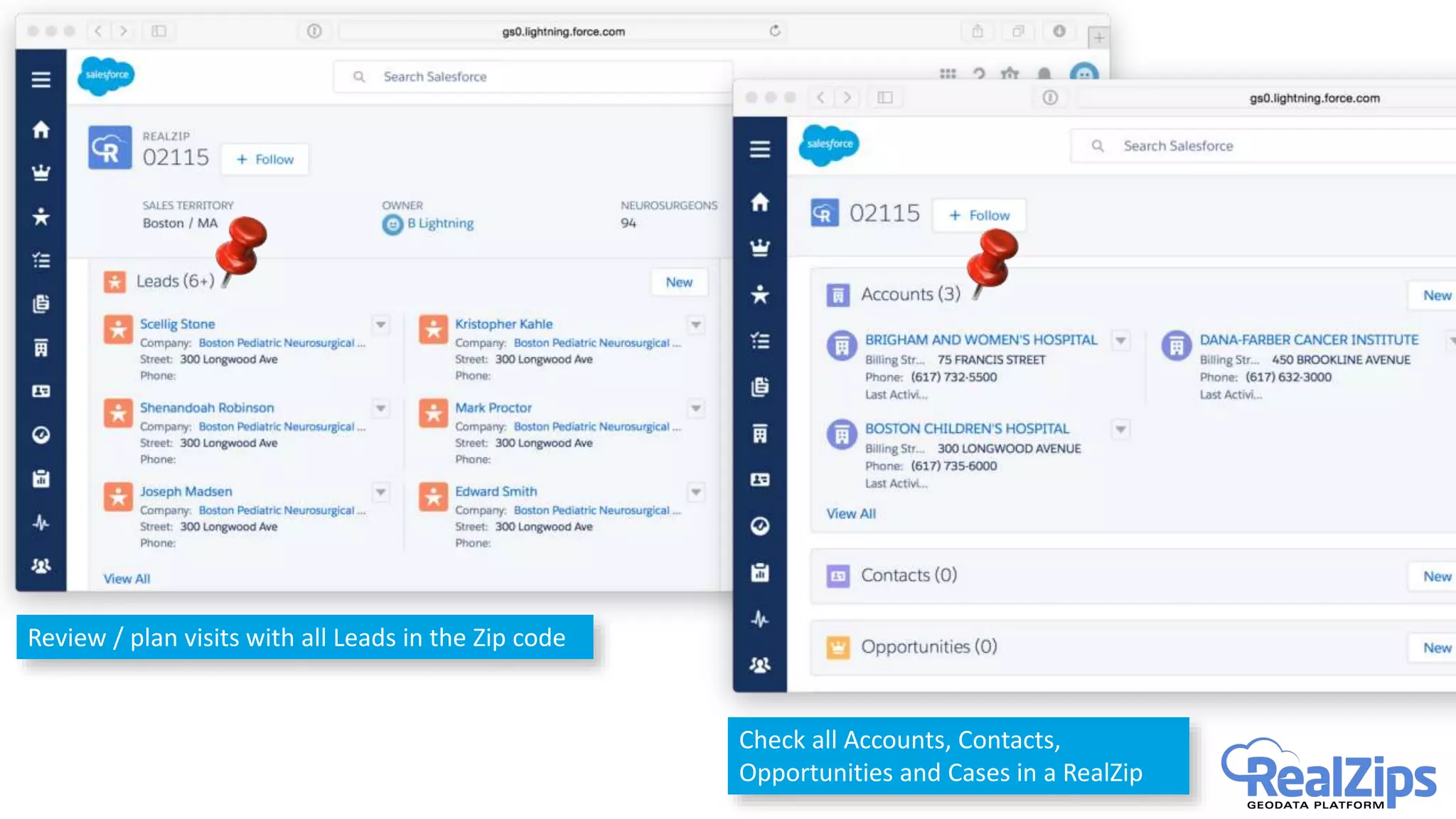 Review / plan visits with all Leads in the Zip code
Check all Accounts, Contacts,
Opportunities and Cases in a RealZip
 