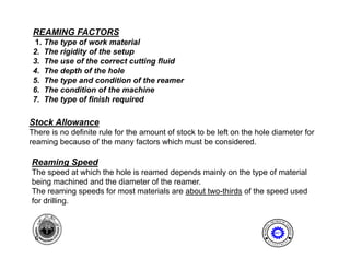REAMING FACTORS
 1. The type of work material
 2. The i idit f th
 2 Th rigidity of the setup
                         t
 3. The use of the correct cutting fluid
 4. The depth of the hole
 5. The type and condition of the reamer
         yp
 6. The condition of the machine
 7. The type of finish required

Stock Allowance
There is no definite rule for the amount of stock to be left on the hole diameter for
reaming because of the many factors which must be considered.

Reaming Speed
The speed at which the hole is reamed depends mainly on the type of material
being machined and the diameter of the reamer.
     g
The reaming speeds for most materials are about two-thirds of the speed used
for drilling.

                                                                                      I NE ER I NG
                                                                                  ENG              T




                                                                             AL




                                                                                                  EC
                                                                     MECH NIC




                                                                                                    HNOLOGY
                                                                         A
                                                                                     MET

 6                                                                            E              N




                                                                                                  T
                                                                         D
                                                                                  P A
                                                                                      R T ME
 