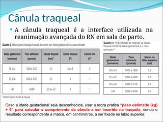 Cânula traqueal
 A cânula traqueal é a interface utilizada na
reanimação avançada do RN em sala de parto.
Caso a idade gestacional seja desconhecida, usar a regra prática “peso estimado (kg)
+ 6” para calcular o comprimento da cânula a ser inserido na traqueia, sendo o
resultado correspondente à marca, em centímetros, a ser fixada no lábio superior.
 