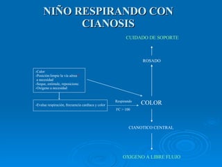 -Calor -Posición:limpie la vía aérea * a necesidad -Seque, estimule, reposicione. -Oxígeno a necesidad -Evalue respiración, frecuencia cardíaca y color CUIDADO DE SOPORTE Respirando FC > 100  COLOR ROSADO CIANOTICO CENTRAL OXIGENO A LIBRE FLUJO NIÑO RESPIRANDO CON CIANOSIS 