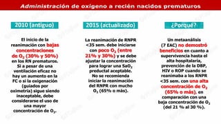 La reanimación de RNPR
<35 sem. debe iniciarse
con poco O2 (entre
21% y 30%) y se debe
ajustar la concentración
para lograr una SaO2
preductal aceptable.
No se recomienda
iniciar la reanimación
del RNPR con mucho
O2 (65% o más).
Un metaanálisis
(7 EAC) no demostró
beneficios en cuanto a
supervivencia hasta el
alta hospitalaria,
prevención de la DBP,
HIV o ROP cuando se
reanimaba a los RNPR
<35 sem. con una alta
concentración de O2
(65% o más), en
comparación con una
baja concentración de O2
(del 21 % al 30 %).
El inicio de la
reanimación con bajas
concentraciones
de O2 (30% y 50%)
en los RN prematuros.
Si a pesar de una
ventilación eficaz no
hay un aumento en la
FC o si la oxigenación
(guiados por
oximetría) sigue siendo
inaceptable, debe
considerarse el uso de
una mayor
concentración de O2.
 