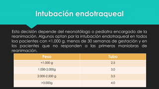 Intubación endotraqueal
Esta decisión depende del neonatólogo o pediatra encargado de la
reanimación. Algunos optan por la intubación endotraqueal en todos
loa pacientes con <1,000 g, menos de 30 semanas de gestación y en
los pacientes que no responden a las primeras maniobras de
reanimación.
Peso Tubo
<1.000 g 2,5
1.000-2.000g 3,0
2.000-2.500 g 3,5
>3.000g 4,0
 