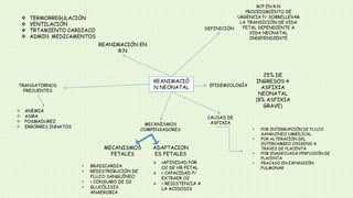 REANIMACIÓ
N NEONATAL
RCP EN R.N
PROCEDIMIENTO DE
URGENCIA P/ SOBRELLEVAR
LA TRANSICIÓN DE VIDA
FETAL DEPENDIENTE A
VIDA NEONATAL
INDEPENDIENTE
DEFINICIÓN
EPIDEMIOLOGÍA
25% DE
INGRESOS
ASFIXIA
NEONATAL
(8% ASFIXIA
GRAVE)
CAUSAS DE
ASFIXIA
• POR INTERRUPCIÓN DE FLUJO
SANGUINEO UMBILICAL
• POR ALTERACIÓN DEL
INTERCAMBIO OXIGENO A
TRAVES DE PLACENTA
• POR INADECUADA PERFUSIÓN DE
PLACENTA
• FRACASO EN EXPANSIÓN
PULMONAR
MECANISMOS
COMPENSADORES
ADAPTACION
ES FETALES
MECANISMOS
FETALES
 >AFINIDAD POR
O2 DE HB FETAL
 > CAPACIDAD P/
EXTRAER O2
 > RESISTENCIA A
LA ACIDOSIS
• BRADICARDIA
• REDISTRIBUCIÓN DE
FLUJO SANGUÍNEO
• < CONSUMO DE O2
• GLUCÓLISIS
ANAEROBIA
TRANSATORNOS
FRECUENTES
 ANEMIA
 ASMA
 POSMADUREZ
 ERRORRES INNATOS
 TERMORREGULACIÓN
 VENTILACIÓN
 TRTAMIENTO CARDIACO
 ADMIN. MEDICAMENTOS
REANIMACIÓN EN
R.N
 
