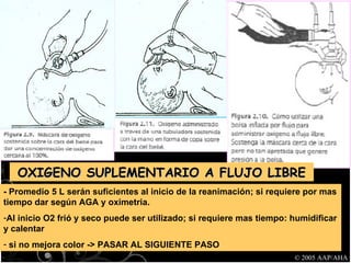 © 2005 AAP/AHA OXIGENO SUPLEMENTARIO A FLUJO LIBRE - Promedio 5 L serán suficientes al inicio de la reanimación; si requiere por mas tiempo dar según AGA y oximetria. Al inicio O2 frió y seco puede ser utilizado; si requiere mas tiempo: humidificar y calentar si no mejora color -> PASAR AL SIGUIENTE PASO 