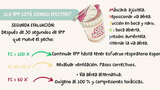 ¿LA VPP ESTÁ SIENDO EFECTIVA?
Máscara: ajústela.
Reposicionar vía aérea.
Succión en boca y nariz.
O : boca abierta.
presión: auméntela.
AIternar la vía aérea.
SEGUNDA EVALUACIÓN:
Después de 30 segundos de VPP
que mueve el pecho:
FC > 100 X
FC 60-99 X'
FC < 60 X'
Continuar VPP hasta tener esfuerzo respiratorio espon
Revaluar ventilación. Pasos correctivos.
• Vía aérea alternativa.
Oxígeno al 100 % y compresiones torácicas.
 