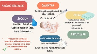 PASOS INICIALES CALENTAR
SECAR
ESTIMULAR
POSICIONAR VIA AEREA
SUCCION
Contacto piel con piel o cuna de
calor radiante.
T° = 36.5 - 37.5 °C.
Posición de olfateo.
Evitar flexión o hiperextensión del
cuello.
Toalla/manta cálida.
No secar a < 32 SDG (bolsa de
polietileno).
Estímulo táctil.
En caso necesario.
Cabeza hacia un lado.
Boca, luego nariz.
Frecuencia cardiaca:
auscultar el latido cardíaco
o tomar el pulso en la base
del cordón umbilical.
100 LPM
 
