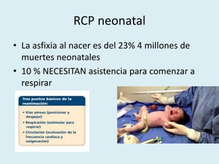 RCP neonatal
• La asfixia al nacer es del 23% 4 millones de
muertes neonatales
• 10 % NECESITAN asistencia para comenzar a
respirar
 