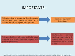IMPORTANTE:
Si la cianosis o la saturación de oxígeno por
debajo del 85% persisten pese a la
administración de oxígeno de flujo libre
trastorno pulmonar
importante
Si la ventilación es adecuada y el bebé sigue
cianótico, o si la saturación de oxígeno está
por debajo del 85%
insuficiencia cardíaca
cianótica congénita o de
hipertensión pulmonar
persistente en el recién
nacido.
Kattwinkel J. et al. Libro de Texto de Reanimación Neonatal. 6º ed. American Heart Asocciaton-American Academy of Pediatrics; 2011.
 