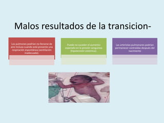 Malos resultados de la transicion-
Los pulmones podrían no llenarse de
aire incluso cuando está presente una
respiración espontánea (ventilación
inadecuada).
Puede no suceder el aumento
esperado en la presión sanguínea
(hipotensión sistémica).
Las arteriolas pulmonares podrían
permanecer contraídas después del
nacimiento
 