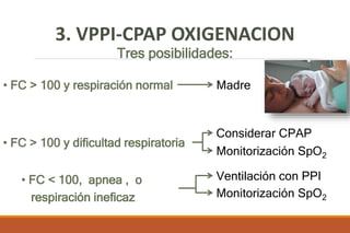 3. VPPI-CPAP OXIGENACION
Tres posibilidades:
• FC > 100 y respiración normal
• FC > 100 y dificultad respiratoria
• FC < 100, apnea , o
respiración ineficaz
Considerar CPAP
Monitorización SpO2
Ventilación con PPI
Monitorización SpO2
Madre
 