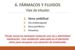 6. FÁRMACOS Y FLUIDOS
Vías de infusión
1. Vena umbilical
2. Vía endotraqueal
3. Vena periférica
4. Intraósea
Pocas veces es necesario instaurar una vía y administrar
medicación. Una ventilación adecuada es el elemento
clave para recuperar una situación de bradicardia.
 