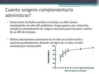 Cuanto oxigeno complementario
administrar?
• Guías 2010: los bebes nacidos a termino, se debe iniciar
reanimación con aire del ambiente y luego guiarse por oximetría,
usando la concentración de oxigeno necesaria para alcanzar valores
de un RN de termino.
• Dichas saturaciones comienzan en el valor en el útero 60% y
aumenta gradualmente, durante un lapso de 10 min, el valor
neonatal por encima 90%
 
