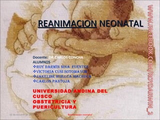 REANIMACION NEONATAL


                   Docente: DR.CARLOS CONCHA
                   ALUMNOS:
                   Roy DaRwin nina Fuentes
                   ViCtoRia Cusi sotoMayoR
                   JaKeLine huiLLCa MaChuCa
                   CaRLos PantoJa

                   UNIVERSIDAD ANDINA DEL
                   CUSCO
                   OBSTETRICIA Y
                   PUERICULTURA
06 de octubre de 2010            Reanimación neonatal   1
 