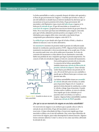 Ventilación a presión positiva
La bolsa autoinílable se vuelve a expandir después de haber sido apretada y
se llena de gas proveniente de 3 lugares. A medida que la bolsa se infla, el
aire del ambiente es atraído hacia el interior mediante las aberturas que se
encuentran en la parte posterior de la bolsa. El gas proveniente del
mezclador y del flujómetro viaja a través del tubo de gas e ingresa en la
bolsa por la entrada de gas. El gas del mezclador se acumula en el
reservorio de oxígeno y proporciona una tercera fuente de gas para llenar la
bolsa. No es necesario que haya una tubuladura para oxígeno conectada
para que la bolsa administre presión positiva con oxígeno al 21 %. La
tubuladura para oxígeno debe estar conectada a una fuente de gas
comprimido para administrar oxígeno a más del 21 %.
Presión desde
la bolsa
J
La salida de gas es por donde sale el gas de la bolsa al bebé, y donde se
adjunta la máscara o una vía aérea alternativa.
Un manómetro (monitor de presión) mide la presión de inflación usada
durante la ventilación a presión positiva (VPP). Algunas bolsas tendrán un
manómetro incorporado y otras necesitarán que se les acople uno. El sitio
de conexión suele estar cerca de la salida para el paciente. Si el sitio de
conexión del manómetro se deja abierto sin un manómetro conectado,
habrá una pérdida de aire e impedirá que logre la presión inspiratoria. No
conecte el tubo de entrada de oxígeno al sitio de conexión del manómetro.
Esto podría generar presión alta no deseada.
La mayoría de las bolsas autoinflables
también tienen una válvida de liberación de
presión (válvula de disparo). Estas válvulas
suelen fijarse para liberar una presión de 30
cm a 40 cm de H20, pero no son confiables y
puede que no liberen hasta que se alcance una
presión más alta.
Salida para el paciente
Aire
exhalado
Desde el paciente
Figura 4A .2, Ensamble de válvula con una
bolsa autoinílable
Las bolsas autoinflables tienen un ensamble
de válvula ubicado entre la bolsa y la salida
para el paciente (Figura 4A.2). Cuando se
aprieta la bolsa durante la ventilación, se abre
la válvula y dirige el gas al paciente. Cuando
la bolsa vuelve a inflarse, se cierra la válvula.
Esto impide que el aire exhalado por el
paciente entre en la bolsa y se vuelva a
respirar. Algunas bolsas autoinflables también
tienen una válvula de PEEP ajustable.
¿Por qué se usa un reservorio de oxígeno en una bolsa autoinílable?
Un reservorio de oxígeno es un artefacto que se puede colocar sobre la
entrada de aire de la bolsa. El gas del mezclador se acumula en el
reservorio. A bajas velocidades de flujo, el reservorio impide que el gas
mezclado se diluya con el aire del ambiente. Hay varios tipos diferentes de
reservorios de oxígeno, pero todos desempeñan la misma función. Algunos
tienen extremos abiertos (“colas”) y otros se ven como una bolsa cubriendo
la entrada de aire.
102
ERRNVPHGLFRVRUJ
 