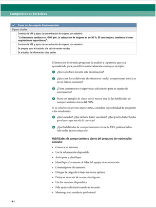Compresiones torácicas
✓ Pasos de desempeño fundamentales
Signos vitales
Continúa la VPP y ajusta la concentración de oxígeno por oximetría
La frecuencia cardíaca es 100 Ipm. La saturación de oxígeno es de 90 %. El tono mejora, comienza a tener
respiraciones espontáneas”.
Continúa la VPP y ajusta la concentración de oxígeno por oximetría
Se prepara para el traslado a la sala de recién nacidos
Se actualiza la información a los padres
El instructor le formula preguntas de análisis a la persona que está
aprendiendo para permitir la autoevaluación, como por ejemplo:
o ¿Qué salió bien durante esta reanimación?
© ¿Qué cosa haría diferente al enfrentarse con las compresiones torácicas
en un futuro escenario?
o ¿Tiene comentarios o sugerencias adicionales para su equipo de
reanimación?
o Deme un ejemplo de cómo usó al menos una de las habilidades de
comportamiento claves del PRN.
Si se cometieron errores importantes, considere la posibilidad de preguntar
a los estudiantes:
© ¿Qué sucedió? ¿Qué debería haber sucedido? ¿Qué podría haber hecho
para hacer que suceda lo correcto?
o ¿Qué habilidades de comportamiento claves de PRN podrían haber
sido útiles en esta situación?
Habilidades de comportamiento claves del programa de reanimación
neonatal
• Conozca su entorno.
• Use la información disponible.
• Anticípese y planifique.
• Identifique claramente al líder del equipo de reanimación.
• Comuniqúese eficazmente.
• Delegue la carga de trabajo en forma óptima.
• Dirija su atención de manera inteligente.
• Use los recursos disponibles.
• Pida ayuda adicional cuando se necesite.
• Mantenga una conducta profesional.
182
ERRNVPHGLFRVRUJ
 