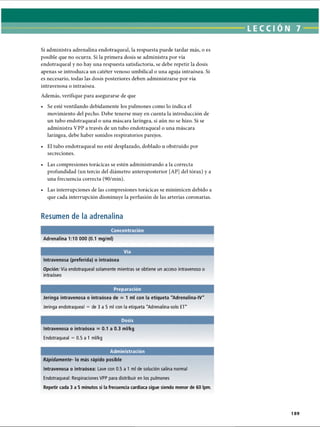 LECCI ON 7
Si administra adrenalina endotraqueal, la respuesta puede tardar más, o es
posible que no ocurra. Si la primera dosis se administra por vía
endotraqueal y no hay una respuesta satisfactoria, se debe repetir la dosis
apenas se introduzca un catéter venoso umbilical o una aguja intraósea. Si
es necesario, todas las dosis posteriores deben administrarse por vía
intravenosa o intraósea.
Además, verifique para asegurarse de que
• Se esté ventilando debidamente los pulmones como lo indica el
movimiento del pecho. Debe tenerse muy en cuenta la introducción de
un tubo endotraqueal o una máscara laríngea, si aún no se hizo. Si se
administra VPP a través de un tubo endotraqueal o una máscara
laríngea, debe haber sonidos respiratorios parejos.
• El tubo endotraqueal no esté desplazado, doblado u obstruido por
secreciones.
• Las compresiones torácicas se estén administrando a la correcta
profundidad (un tercio del diámetro anteroposterior [AP] del tórax) y a
una frecuencia correcta (90/min).
• Las interrupciones de las compresiones torácicas se minimicen debido a
que cada interrupción disminuye la perfusión de las arterias coronarias.
Resumen de la adrenalina
Concentración
Adrenalina 1:10 000 (0.1 mg/ml)
Vía
Intravenosa (preferida) o intraósea
Opción: Vía endotraqueal solamente mientras se obtiene un acceso intravenoso o
¡ntraóseo
Preparación
Jeringa intravenosa o intraósea de = 1 mi con la etiqueta Adrenalina-IV
Jeringa endotraqueal = de 3 a 5 mi con la etiqueta Adrenalina-solo ET
Dosis
Intravenosa o intraósea = 0.1 a 0.3 ml/kg
Endotraqueal = 0.5 a 1 ml/kg
Administración
Rápidamente- lo más rápido posible
Intravenosa o intraósea: Lave con 0.5 a 1 mi de solución salina normal
Endotraqueal: Respiraciones VPP para distribuir en los pulmones
Repetir cada 3 a 5 minutos si la frecuencia cardíaca sigue siendo menor de 60 Ipm.
189
ERRNVPHGLFRVRUJ
 