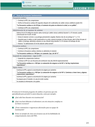 TELEGRAM ahora
✓ Pasos de desempeño fundamentales
Frecuencia cardíaca
• Continúa la VPP y las compresiones
• Verifica la frecuencia cardíaca 60 segundos después de la adrenalina vía catéter venoso umbilical usando ECG
La frecuencia cardíaca es de 50 Ipm, el oxímetro de pulso no detecta la señal, se ve pálido.
• Continúa la VPP y las compresiones
Administración de un expansor de volumen
Solicita 35 mi (10 ml/kg) de solución salina normal por catéter venoso umbilical durante 5 a 10 minutos usando
comunicación de circuito cerrado
• Extrae el volumen correcto o usa jeringas previamente cargadas. Numera más de una jeringa (n.° 1, n.° 2)
• Garantiza que el catéter se esté sosteniendo en su sitio; conecta la jeringa a la llave de paso, abre la llave de paso al
catéter y la jeringa, administra volumen en una infusión lenta durante 5 a 10 minutos sin burbujas de aire
• Anuncia se administraron 35 mi de solución salina normal.
Frecuencia cardíaca
• Continúa la VPP y las compresiones
• Controla la frecuencia cardíaca mientras se administra el volumen
La frecuencia cardíaca es 100 Ipm y en aumento. Spo2de 68 %.
Suspende las compresiones - sigue la VPP
• Suspende las compresiones torácicas
• Continúa la VPP con una frecuencia de ventilación más alta (40-60 respiraciones/min)
La frecuencia cardíaca es 100 Ipm. La saturación de oxígeno es de 80 %. No hay respiraciones
espontáneas.
Signos vitales
Continúa la VPP y ajusta la concentración de oxígeno por oximetría
La frecuencia cardíaca es 100 Ipm. La saturación de oxígeno es de 90 %. Comienza a tener tono y algunas
respiraciones espontáneas.
Continúa la VPP y ajusta la concentración de oxígeno por oximetría
Se prepara para el traslado a la sala de recién nacidos
Se actualiza la información a los padres
El instructor le formula preguntas de análisis a la persona que está
aprendiendo para permitir la autoevaluación, como por ejemplo:
o ¿Qué salió bien durante esta reanimación?
o ¿Qué cosa hará diferente al enfrentarse con esta situación compleja en
un futuro escenario?
e ¿Tiene comentarios o sugerencias adicionales para su equipo de
reanimación?
o Deme un ejemplo de cómo usó al menos una de las habilidades de
comportamiento claves del PRN.
211
ERRNVPHGLFRVRUJ
 