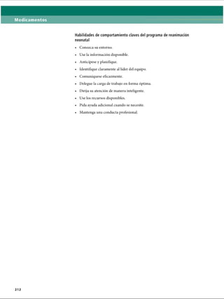 Medicamentos
Habilidades de comportamiento claves del programa de reanimación
neonatal
• Conozca su entorno.
• Use la información disponible.
• Anticípese y planifique.
• Identifique claramente al líder del equipo.
• Comuniqúese eficazmente.
• Delegue la carga de trabajo en forma óptima.
• Dirija su atención de manera inteligente.
• Use los recursos disponibles.
• Pida ayuda adicional cuando se necesite.
• Mantenga una conducta profesional.
212
ERRNVPHGLFRVRUJ
 