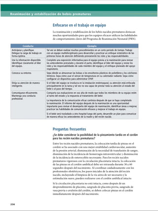 Reanimación y estabilización de bebés prematuros
Enfocarse en el trabajo en equipo
La reanimación y estabilización de los bebés nacidos prematuros destacan
muchas oportunidades para que los equipos eficaces utilicen las habilidades
de comportamiento claves del Programa de Reanimación Neonatal (PRN).
Conducta Ejemplo
Anticípese y planifique.
Delegue la carga de trabajo en
forma óptima.
Tal vez se deban realizar muchos procedimientos en un corto período de tiempo. Trabaje
con un equipo multidisciplinario para desarrollar y practicar un enfoque sistemático de las
primeras horas de atención definiendo previamente los roles y las responsabilidades.
Use la información disponible.
Identifique claramente al líder
del equipo.
Complete una exposición informativa para el equipo previa a la reanimación para revisar
los antecedentes prenatales y durante el parto, identifique al líder del equipo y revise los
roles y las responsabilidades de cada miembro del equipo y el enfoque planeado del apoyo
respiratorio.
Conozca su entorno. Sepa dónde se almacenan las bolsas o los envoltorios plásticos de polietileno y los colchones
térmicos. Sepa cómo usar el sensor de temperatura en su calentador radiante. Sepa cómo
configurar un dispositivo para administrar CPAP.
Dirija su atención de manera
inteligente.
Si el líder del equipo se involucra en la intubación endotraqueal, su atención está enfocada
principalmente en la tarea y tal vez no sea capaz de prestar toda su atención al estado del
bebé o al paso del tiempo.
Comuniqúese eficazmente.
Mantenga una conducta
profesional.
Comparta sus evaluaciones en voz alta de modo que todos los miembros de su equipo estén
al tanto del estado y la respuesta al tratamiento del bebé.
La importancia de la comunicación eficaz continúa después de que se haya completado
la reanimación. El informe del equipo después de la reanimación es una oportunidad
importante para revisar el desempeño del equipo de reanimación, identificar áreas a mejorar,
practicar las habilidades de comunicación eficaces y mejorar el trabajo en equipo.
Si el bebé será trasladado a otro hospital luego del parto, desarrolle un plan para comunicar
de manera eficaz los antecedentes de la madre y del recién nacido.
Preguntas frecuentes
¿Se debe considerar la posibilidad de la pinzamiento tardío en el cordón
para los recién nacidos prematuros?
Entre los recién nacidos prematuros, la colocación tardía de pinzas en el
cordón se ha asociado con una mejor estabilidad cardiovascular, aumento
de la presión arterial, disminución de la necesidad de transfusión de sangre,
disminución de la incidencia de hemorragia intraventricular y disminución
de la incidencia de enterocolitis necrosante. Para los recién nacidos
prematuros vigorosos con la circulación placentaria intacta, la colocación
de las pinzas en el cordón umbilical debe ser retrasada durante 30 a 60
segundos después del nacimiento. Al coordinar cuidadosamente con los
profesionales obstétricos, los pasos iniciales de la atención del recién
nacido, incluyendo el limpieza de la vía aérea de ser necesario y la
estimulación suave, pueden realizarse con el cordón umbilical intacto.
Si la circulación placentaria no está intacta, como después de un
desprendimiento de placenta, sangrado de placenta previa, sangrado de
vasa previa o avulsión del cordón, se deben colocar pinzas en el cordón
inmediatamente después del nacimiento.
2 3 6
ERRNVPHGLFRVRUJ
 
