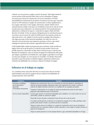 LECCI ÓN 10
colisión con otra persona, equipo o puerta de pasaje. Todo lugar donde el
recién nacido reciba atención debe tener acceso inmediato al equipo
necesario para iniciar la reanimación. El acceso inmediato a la bolsa
autoinflable de reanimación le permitirá a la primera persona que responda
iniciar la VPP mientras el equipo de reanimación se reúne rápidamente y
trae equipo adicional. Como equipo, determine cuándo el bebé está lo
suficientemente estable como para ser trasladado al área de la sala de recién
nacidos para una evaluación y un manejo posterior. Esté preparado para
administrar ventilación de apoyo y controlar los signos vitales del bebé
durante el traslado. Si hay un espacio designado para la reanimación que se
encuentra a pocos pasos de todas las habitaciones de posparto, puede ser
adecuado mover con cuidado al recién nacido en peligro directamente a
este lugar para que reciba atención inmediata. En todos los casos, la
solución correcta prioriza una respuesta oportuna y eficaz y que mejor
satisfaga los intereses de la salud y seguridad del recién nacido.
Cada hospital debe evaluar la preparación para reanimar recién nacidos en
lugares fuera de la sala de partos y la sala de recién nacidos. Prevea esta
posible situación y desarrolle un plan sobre la forma en que se iniciará una
llamada de emergencia, cómo se reunirá al equipo de reanimación adecuado,
qué equipo se guardará en la habitación y qué equipo se guardará en un lugar
cercano (por ejemplo, un carro de paro en el pasillo). Al simular situaciones
inusuales o poco frecuentes en distintos lugares, puede hacer planes para
enfrentar las debilidades de su sistema y mejorar el trabajo en equipo.
Enfocarse en el trabajo en equipo
Las consideraciones especiales descritas en esta lección ofrecen muchas
oportunidades para que los equipos eficaces utilicen las habilidades de
comportamiento claves del PRN.
Conducta Ejemplo
Anticípese y planifique.
Use la información
disponible.
Comuniqúese eficazmente.
Mediante una comunicación eficaz con el proveedor de atención obstétrica, identifique los
factores de riesgo prenatales importantes, tales como exposición de la madre a narcóticos,
volumen de líquido amniótico anormal y los resultados de las ecografías prenatales.
Comparta la información con su equipo de modo que pueda prever partos de alto riesgo y
prepararse adecuadamente para la reanimación.
Use los recursos disponibles. Conozca qué recursos se encuentran disponibles para estabilizar a un recién nacido con una vía
aérea difícil. ¿Dónde se conserva el equipo?
Desarrolle un plan de parto y reanimación fuera del área de la sala de partos.
Si un bebé repentinamente se deteriora en la habitación posparto de la madre, planifique cómo
pueden pedir ayuda la madre y la primera persona en responder.
Tenga en cuenta cómo se le notificará a su equipo de reanimación acerca de una emergencia
neonatal fuera de su ubicación habitual. ¿Quién responderá y cómo llegará el equipo necesario al
lugar de la emergencia?
Tenga en cuenta qué hará si no hay energía eléctrica o gas comprimido disponibles en el lugar.
261
ERRNVPHGLFRVRUJ
 