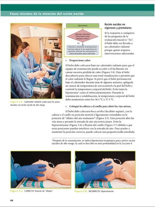 Pasos iniciales de la atención del recién nacido
F i g u r a 3 .4 Calentador radiante usado para los pasos
iniciales con recién nacido de alto riesgo
Recién nacidos no
vigorosos y prematuros
Si la respuesta a cualquiera
de las preguntas de la
evaluación inicial es “No”
,
el bebé debe ser llevado a
un calentador radiante
porque quizás requiera
intervenciones adicionales.
El bebé debe colocarse bajo un calentador radiante para que el
equipo de reanimación pueda acceder a él fácilmente sin
causar excesiva pérdida de calor (Figura 3.4). Deje al bebé
descubierto para ofrecer una total visualización y permitir que
el calor radiante le llegue. Si prevé que el bebé permanecerá
bajo el calentador durante más de algunos minutos, aplíquele
un sensor de temperatura de servocontrol a la piel del bebé y
controle la temperatura corporal del bebé. Evite tanto la
hipotermia* como el sobrecalentamiento. Durante la
reanimación y estabilización, la temperatura corporal del bebé
debe mantenerse entre los 36.5 °C y 37.5 °C.
• Coloque la cabeza y el cuello para abrir las vías aéreas.
Calentar y mantener la temperatura
normal, colocar la vía respiratoria en
posición, eliminar las secreciones si
fuera necesario, secar, estimular.
Proporcione calor.
El bebé debe colocarse boca arriba (decúbito supino), con la
cabeza y el cuello en posición neutral o ligeramente extendidos en la
posición de “olfateo del aire mañanero” (Figura 3.5). Esta posición abre las
vías áreas y permite la entrada de aire sin restricciones. Evite la
hiperextensión (Figura 3.6) o flexión del cuello (Figura 3.7) debido a que
estas posiciones pueden interferir con la entrada de aire. Para ayudar a
mantener la posición correcta, puede colocar una pequeña toalla enrollada
*Después de la reanimación, se indica hipotermia terapéutica para ciertos recién
nacidos de alto riesgo, la cual se describe en más profundidad en la Lección 8.
i i r a 3 .5 CORRECTO: Posición de olfateo ¡gura INCORRECTO: Hiperextensión
ERRNVPHGLFRVRUJ
 