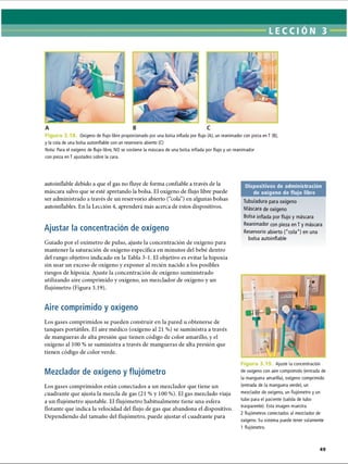 A B C
Oxígeno de flujo libre proporcionado por una bolsa inflada por flujo (A), un reanimador con pieza en T (B),
y la cola de una bolsa autoinflable con un reservorio abierto (C)
Nota: Para el oxígeno de flujo libre, NO se sostiene la máscara de una bolsa inflada por flujo y un reanimador
con pieza en T ajustados sobre la cara.
autoinflable debido a que el gas no fluye de forma confiable a través de la
máscara salvo que se esté apretando la bolsa. El oxígeno de flujo libre puede
ser administrado a través de un reservorio abierto (“cola”) en algunas bolsas
autoinflables. En la Lección 4, aprenderá más acerca de estos dispositivos.
Ajustar la concentración de oxígeno
Guiado por el oxímetro de pulso, ajuste la concentración de oxígeno para
mantener la saturación de oxígeno específica en minutos del bebé dentro
del rango objetivo indicado en la Tabla 3-1. El objetivo es evitar la hipoxia
sin usar un exceso de oxígeno y exponer al recién nacido a los posibles
riesgos de hipoxia. Ajuste la concentración de oxígeno suministrado
utilizando aire comprimido y oxígeno, un mezclador de oxígeno y un
flujómetro (Figura 3.19).
Aire comprimido y oxígeno
Los gases comprimidos se pueden construir en la pared u obtenerse de
tanques portátiles. El aire médico (oxígeno al 21 %) se suministra a través
de mangueras de alta presión que tienen código de color amarillo, y el
oxígeno al 100 % se suministra a través de mangueras de alta presión que
tienen código de color verde.
Mezclador de oxígeno y flujómetro
Los gases comprimidos están conectados a un mezclador que tiene un
cuadrante que ajusta la mezcla de gas (21 % y 100 %). El gas mezclado viaja
a un flujómetro ajustable. El flujómetro habitualmente tiene una esfera
flotante que indica la velocidad del flujo de gas que abandona el dispositivo.
Dependiendo del tamaño del flujómetro, puede ajustar el cuadrante para
Dispositivos de administración
de oxígeno de flujo libre
Tubuladura para oxígeno
Máscara de oxígeno
Bolsa inflada por flujo y máscara
Reanimador con pieza enT y máscara
Reservorio abierto (cola) en una
bolsa autoinflable
Ajuste la concentración
de oxígeno con aire comprimido (entrada de
la manguera amarilla), oxígeno comprimido
(entrada de la manguera verde), un
mezclador de oxígeno, un flujómetro y un
tubo para el paciente (salida de tubo
trasparente). Esta imagen muestra
2 flujómetros conectados al mezclador de
oxígeno. Su sistema puede tener solamente
1 flujómetro.
ERRNVPHGLFRVRUJ
 