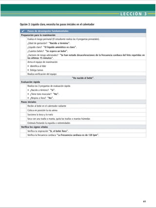 LECCI ÓN 3
Opción 3: Líquido claro, necesita los pasos iniciales en el calentador
✓ Pasos de desempeño fundamentales
Preparación para la reanimación
Evalúa el riesgo perinatal (El estudiante realiza las 4 preguntas prenatales).
¿Edad de gestación? Nacido a término.
¿Líquido claro? El líquido amniótico es claro.
¿Cuántos bebés? Se espera un bebé.
¿Factores de riesgo adicionales? Se han notado desaceleraciones de la frecuencia cardíaca del feto repetidas en
los últimos 15 minutos.
Arma el equipo de reanimación
• Identifica al líder
• Delega tareas
Realiza verificación del equipo
Ha nacido el bebé.
Evaluación rápida
Realiza las 3 preguntas de evaluación rápida
• ¿Nacido a término? Sí.
• ¿Tiene tono muscular? No.
• ¿Respira o llora? No.
Pasos iniciales
Recibe al bebé en el calentador radiante
Coloca en posición la vía aérea
Succiona la boca y la nariz
Seca con una toalla o manta, quita las toallas o mantas húmedas
Estimula frotando la espalda o extremidades
Verifica los signos vitales
Verifica la respiración Si, el bebé llora.
Verifica la frecuencia cardíaca La frecuencia cardíaca es de 120 Ipm.
ERRNVPHGLFRVRUJ
 