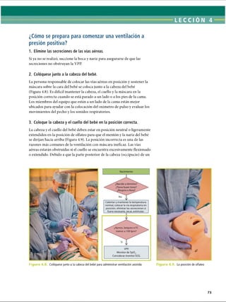 LECCI ÓN 4
¿Cómo se prepara para comenzar una ventilación a
presión positiva?
1. Elimine las secreciones de las vías aéreas.
Si ya no se realizó, succione la boca y nariz para asegurarse de que las
secreciones no obstruyan la VPP.
2. Coloqúese junto a la cabeza del bebé.
La persona responsable de colocar las vías aéreas en posición y sostener la
máscara sobre la cara del bebé se coloca junto a la cabeza del bebé
(Figura 4.8). Es difícil mantener la cabeza, el cuello y la máscara en la
posición correcta cuando se está parado a un lado o a los pies de la cama.
Los miembros del equipo que están a un lado de la cama están mejor
ubicados para ayudar con la colocación del oxímetro de pulso y evaluar los
movimientos del pecho y los sonidos respiratorios.
3. Coloque la cabeza y el cuello del bebé en la posición correcta.
La cabeza y el cuello del bebé deben estar en posición neutral o ligeramente
extendidos en la posición de olfateo para que el mentón y la nariz del bebé
se dirijan hacia arriba (Figura 4.9). La posición incorrecta es una de las
razones más comunes de la ventilación con máscara ineficaz. Las vías
aéreas estarán obstruidas si el cuello se encuentra excesivamente ñexionado
o extendido. Debido a que la parte posterior de la cabeza (occipucio) de un
Calentar y mantener la temperatura
normal, colocar la vía respiratoria en
posición, eliminar las secreciones si
fuera necesario, secar, estimular.
¿Apnea, boqueo o FC
menor a 100 Ipm?
Sí
VPP.
Monitor de Sp02.
Considerar monitor ECG.
Fie Coloqúese junto a la cabeza del bebé para administrar ventilación asistida La posición de olfateo
ERRNVPHGLFRVRUJ
 