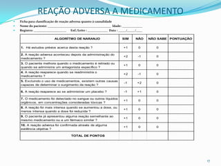 REAÇÃO ADVERSA A MEDICAMENTO
   Ficha para classificação de reação adversa quanto à causalidade
   Nome do paciente: _________________________________________ Idade: _____________
   Registro: _____________________ Enf./Leito : _____________ Data : _____/_____/____

                           ALGORÍTMO DE NARANJO                         SIM      NÃO     NÃO SABE PONTUAÇÃO


    1. Há estudos prévios acerca desta reação ?                          +1        0        0

    2. A reação adversa aconteceu depois da administração do
                                                                         +2       -1        0
    medicamento ?
    3. O paciente melhora quando o medicamento é retirado ou
                                                                         +1        0        0
    quando se administra um antagonista específico ?
    4. A reação reaparece quando se readministra o
                                                                         +2       -1        0
    medicamento ?
    5. Excluindo o uso de medicamentos, existem outras causas
                                                                         -1       +2        0
    capazes de determinar o surgimento da reação ?

    6. A reação reaparece ao se administrar um placebo ?                 -1       +1        0

    7. O medicamento foi detectado no sangue ou outros líquidos
                                                                         +1        0        0
    orgânicos, em concentrações consideradas tóxicas ?
    8. A reação foi mais intensa quando se aumentou a dose, ou
                                                                         +1        0        0
    menos intensa quando a dose foi reduzida ?
    9. O paciente já apresentou alguma reação semelhante ao
                                                                         +1        0        0
    mesmo medicamento ou a um fármaco similar ?
    10. A reação adversa foi confirmada através de alguma
                                                                         +1        0        0
    evidência objetiva ?

                                      TOTAL DE PONTOS




                                                                                                              17
 