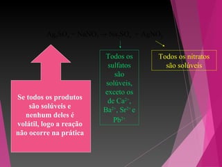 Ag2SO4 + NaNO3 → Na2SO4 + AgNO3
Todos os
sulfatos
são
solúveis,
exceto os
de Ca2+
,
Ba2+
, Sr2+
e
Pb2+
Todos os nitratos
são solúveis
Se todos os produtos
são solúveis e
nenhum deles é
volátil, logo a reação
não ocorre na prática
 