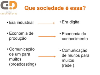 Que sociedade é essa? 
• Era industrial 
• Economia de 
produção 
• Comunicação 
de um para 
muitos 
(broadcasting) 
• Era digital 
• Economia do 
conhecimento 
• Comunicação 
de muitos para 
muitos 
(rede ) 
 