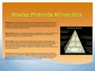 Primer nivel: Es la base de la pirámide, estos alimentos provienen de granos. Proveen
carbohidratos y otros elementos vitales. Aquí se encuentran las pastas, el maíz (las
tortillas) los cereales, el arroz, el pan etc. Es preferible que no se consuman en forma
refinada. Por ejemplo la harina común blanca es refinada y no tiene el mismo valor
nutritivo de la harina integral sin refinar.
Segundo Nivel: Aquí se encuentras las plantas, los vegetales y las frutas. Son alimentos
ricos en fibras, vitaminas y minerales. Se deben de ingerir de 3 a 5 porciones de
vegetales cada día y 2 a 4 porciones de frutas.
Tercer Nivel: En este nivel se encuentran dos grupos, la leche y sus derivados y las
carnes y frijoles. Aquí se encuentran alimentos derivados de la leche como el yogurt, la
leche y queso. También se encuentra el grupo de proteínas como la carne de pollo,
pescado, frijoles, lentejas, huevos, y nueces. Son alimentos ricos en minerales
esenciales como el calcio y el hierro y proteínas. Lo ideal es ingerir de 2 a 3 porciones de
estos alimentos al día.
Cuarto nivel: La punta de la pirámide, esto significa que de este grupo no debemos
consumir mucho. Las grasas, los aceites, los postres y los dulces están aquí. La crema,
los refrescos gaseosos (sodas), pasteles, repostería, los aderezos grasosos y bebidas
ricas en azucares. Estos alimentos aunque nos encantan no proveen casi ningún
nutriente a nuestro cuerpo pero son abundantes en calorías.
 