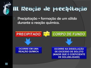  Precipitação = formação de um sólido
durante a reação química.
PRECIPITADOPRECIPITADO CORPO DE FUNDOCORPO DE FUNDO
OCORRE EM UMAOCORRE EM UMA
REAÇÃO QUÍMICAREAÇÃO QUÍMICA
OCORRE NA DISSOLUÇÃOOCORRE NA DISSOLUÇÃO
DE EXCESSO DE SOLUTODE EXCESSO DE SOLUTO
(MAIOR QUE O COEFICIENTE(MAIOR QUE O COEFICIENTE
DE SOLUBILIDADE)DE SOLUBILIDADE)
 