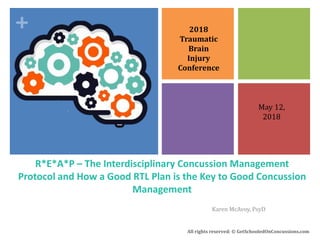+
R*E*A*P – The Interdisciplinary Concussion Management
Protocol and How a Good RTL Plan is the Key to Good Concussion
Management
Karen McAvoy, PsyD
All rights reserved: © GetSchooledOnConcussions.com
2018
Traumatic
Brain
Injury
Conference
May 12,
2018
 