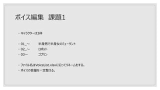 ボイス編集 課題1
◦ キャラクターは3体
◦ 01_～ 半身男で半身女のミュータント
◦ 02_～ ロボット
◦ 03～ ゴブリン
◦ ファイル名はVoiceList.xlsxに沿ってリネームをする。
◦ ボイスの音量を一定整える。
 