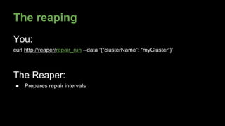 The reaping
You:
curl http://reaper/repair_run --data ‘{“clusterName”: “myCluster”}’
The Reaper:
● Prepares repair intervals
 