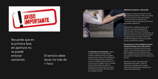 Recuerde que en
la primera fase
de apertura no
se puede
entonar
canciones
El servicio debe
durar no más de
1 hora
TIEMPOS DE SERVICIO Y UBICACIÓN
Mantenga una opción de reunión en línea
para aquellos que tienen miedo o no pueden
asistir a su servicio en persona. Muchas
iglesias han visto un aumento en el
compromiso ya que su presencia en línea ha
aumentado. ¡Aprovecha!
Puede ofrecer múltiples servicios para
fomentar una mayor posibilidad de
distanciamiento social. Una forma de
garantizar que sus servicios se distribuyan de
manera uniforme es hacer que las personas
se registren para un servicio. Puede usar
eventos de Facebook y hacer que la gente
marque a qué evento asistirán.
Recuerde que si tiene múltiples servicios,
necesitará limpiar entre cada servicio.
Puede acortar el tiempo de servicio para
ayudar con el tiempo de limpieza a fondo.
Algunas iglesias se están moviendo para
tener múltiples servicios durante la semana
para permitir la limpieza entre los tiempos de
servicio.
Determine cuántos voluntarios tiene
disponibles para ayudar. Limite los
voluntarios a aquellos que no tienen
condiciones preexistentes y aquellos que
tienen menos de 65 años.
La ubicación de las personas: esta es
una de otra ideas que usted puede
manejar: organice el salón por grupos,
ponga mesas y ubique allí las familias de
la misma burbuja social, y tenga listas
sillas con el debido distanciamiento (1.8
mts) para los que llegan solos o en pareja.
Esto permitirá seguir las reglas de
distanciamiento social bajo el concepto
del Ministerio de Salud de relacionarse
por burbujas sociales.
 