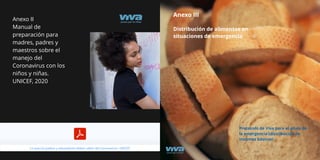 Anexo II
Manual de
preparación para
madres, padres y
maestros sobre el
manejo del
Coronavirus con los
niños y niñas.
UNICEF, 2020
Lo que los padres y educadores deben saber del Coronavirus- UNICEF
Anexo III
Distribución de alimentos en
situaciones de emergencia
Protocolo de Viva para el alivio de
la emergencia (distribución de
insumos básicos)
 