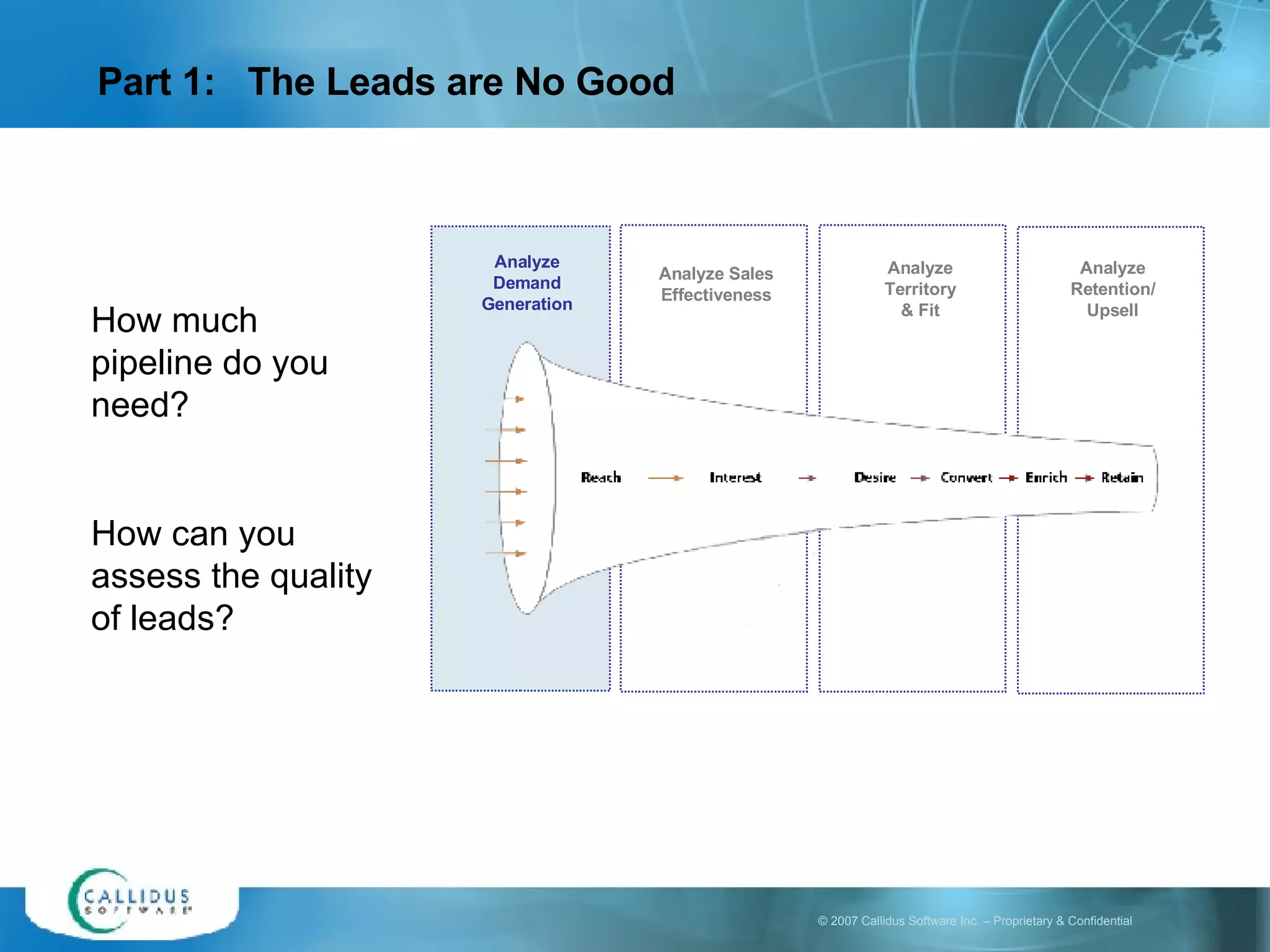 Part 1:  The Leads are No Good Analyze Demand Generation Analyze Sales Effectiveness Analyze Territory & Fit Analyze Retention/ Upsell How much pipeline do you need? How can you assess the quality of leads? 