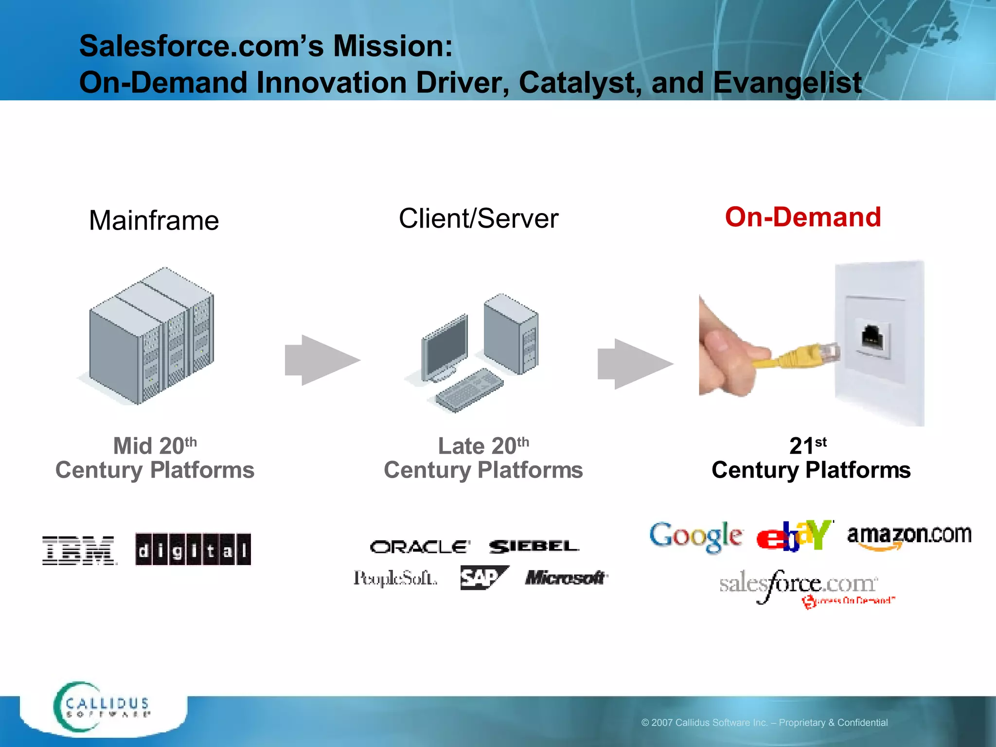 Salesforce.com’s Mission: On-Demand Innovation Driver, Catalyst, and Evangelist On-Demand 21 st   Century Platforms Client/Server Late 20 th Century Platforms Mainframe Mid 20 th Century Platforms 