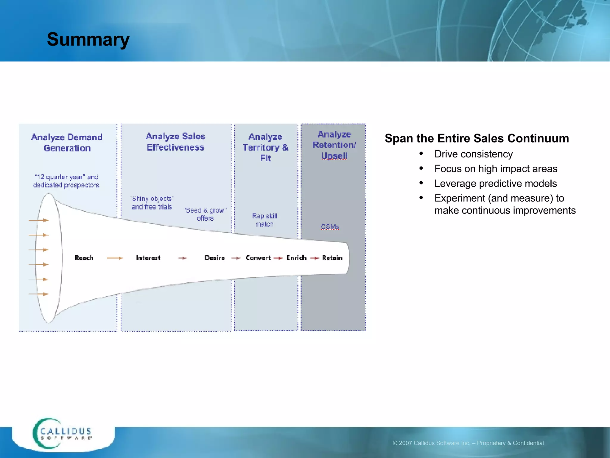 Summary Span the Entire Sales Continuum Drive consistency  Focus on high impact areas Leverage predictive models Experiment (and measure) to make continuous improvements  