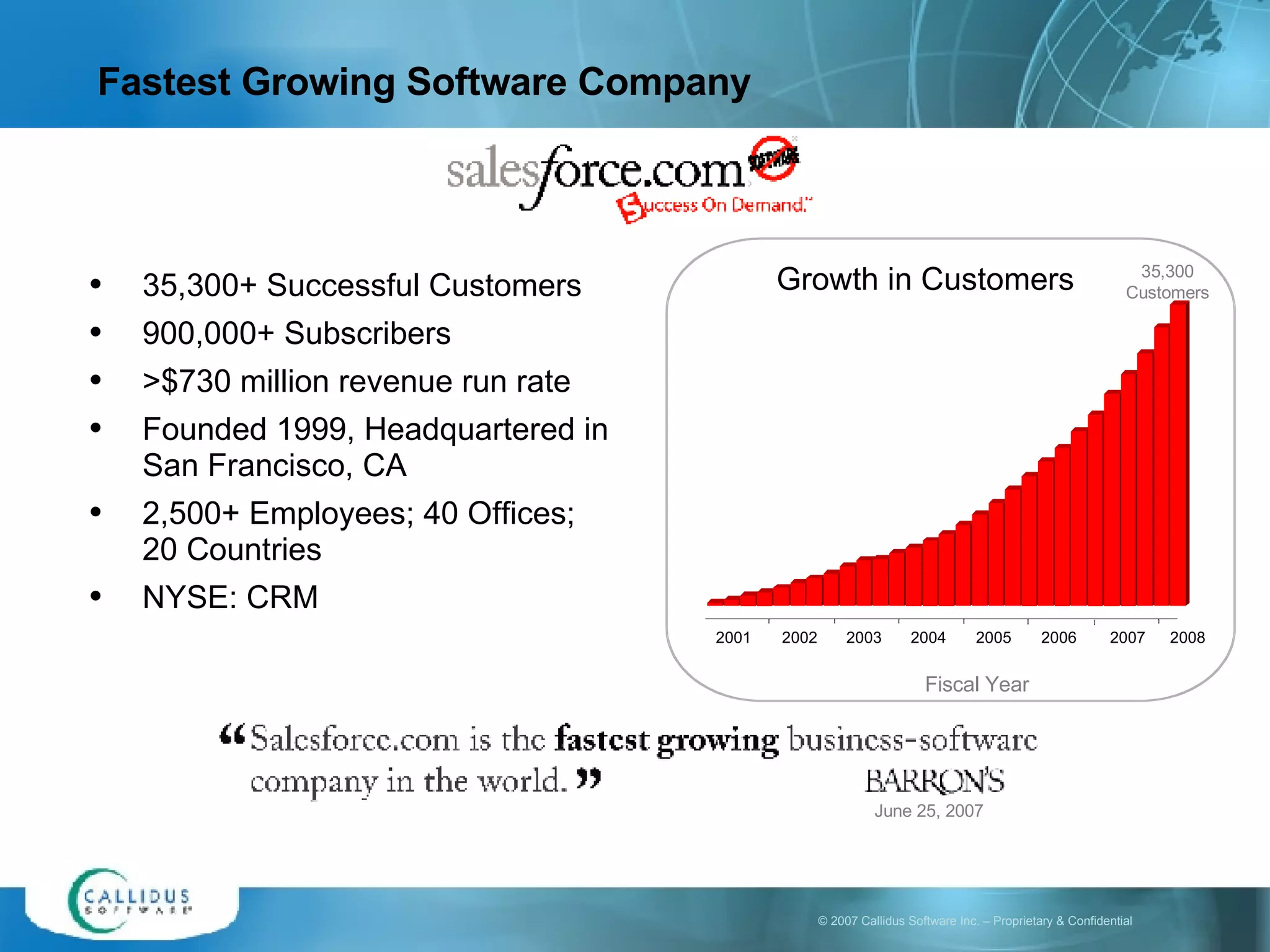 Fastest Growing Software Company 35,300+ Successful Customers 900,000+ Subscribers  >$730 million revenue run rate Founded 1999, Headquartered in San Francisco, CA 2,500+ Employees; 40 Offices; 20 Countries NYSE: CRM June 25, 2007 Fiscal Year 35,300 Customers Growth in Customers 2001 2008 2007 2006 2005 2004 2003 2002 