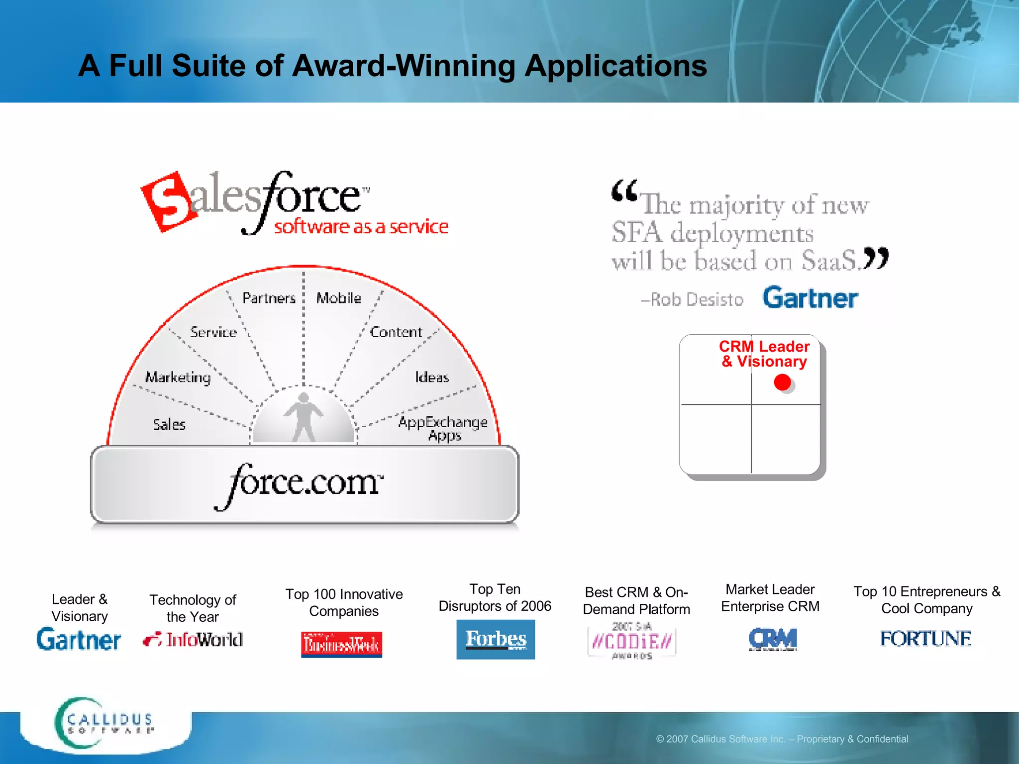 A Full Suite of Award-Winning Applications Technology of the Year Top 100 Innovative Companies Top Ten Disruptors of 2006 Best CRM & On-Demand Platform Leader & Visionary Market Leader Enterprise CRM Top 10 Entrepreneurs & Cool Company CRM Leader & Visionary 
