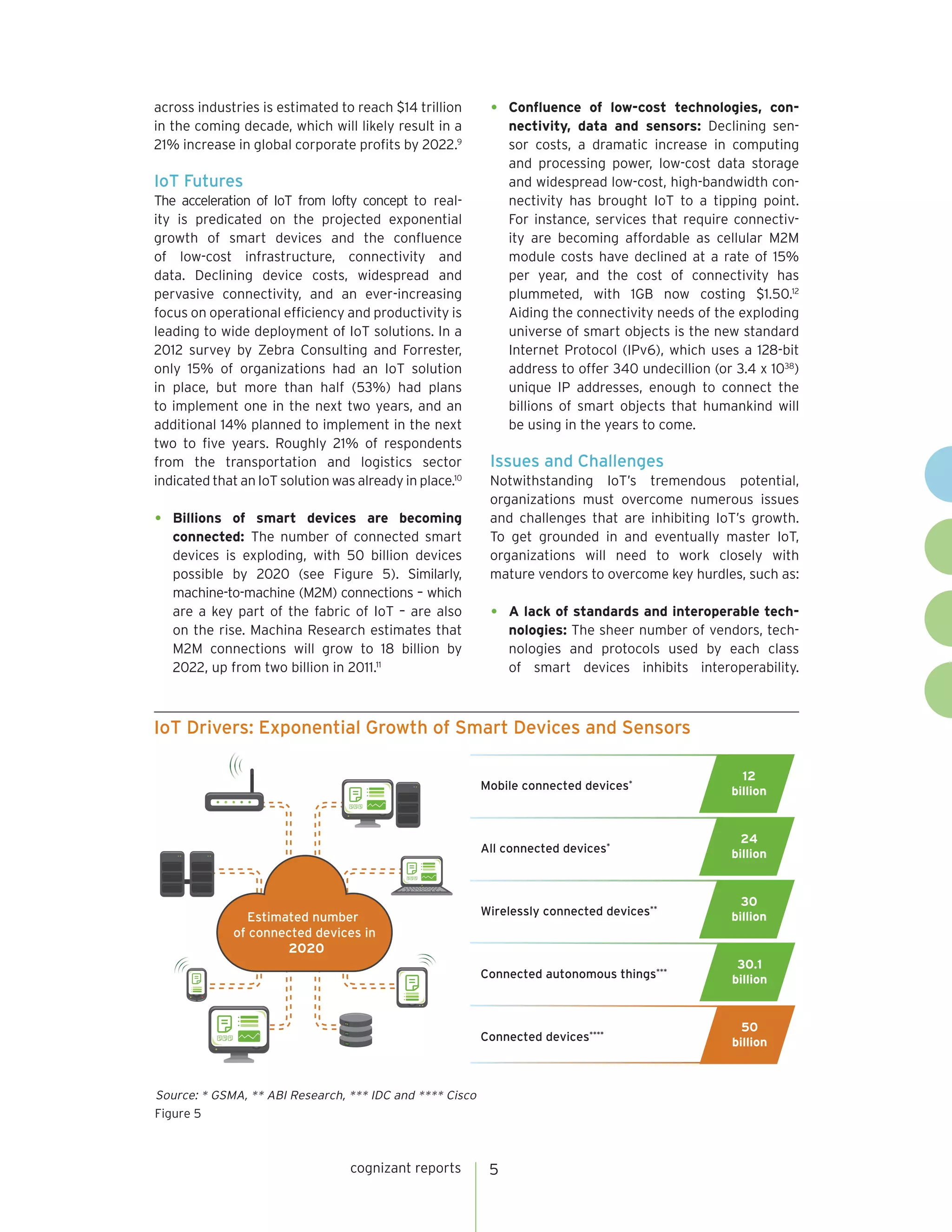 cognizant reports 5
across industries is estimated to reach $14 trillion
in the coming decade, which will likely result in a
21% increase in global corporate profits by 2022.9
IoT Futures
The acceleration of IoT from lofty concept to real-
ity is predicated on the projected exponential
growth of smart devices and the confluence
of low-cost infrastructure, connectivity and
data. Declining device costs, widespread and
pervasive connectivity, and an ever-increasing
focus on operational efficiency and productivity is
leading to wide deployment of IoT solutions. In a
2012 survey by Zebra Consulting and Forrester,
only 15% of organizations had an IoT solution
in place, but more than half (53%) had plans
to implement one in the next two years, and an
additional 14% planned to implement in the next
two to five years. Roughly 21% of respondents
from the transportation and logistics sector
indicated that an IoT solution was already in place.10
•	 Billions of smart devices are becoming
connected: The number of connected smart
devices is exploding, with 50 billion devices
possible by 2020 (see Figure 5). Similarly,
machine-to-machine (M2M) connections – which
are a key part of the fabric of IoT – are also
on the rise. Machina Research estimates that
M2M connections will grow to 18 billion by
2022, up from two billion in 2011.11
•	 Confluence of low-cost technologies, con-
nectivity, data and sensors: Declining sen-
sor costs, a dramatic increase in computing
and processing power, low-cost data storage
and widespread low-cost, high-bandwidth con-
nectivity has brought IoT to a tipping point.
For instance, services that require connectiv-
ity are becoming affordable as cellular M2M
module costs have declined at a rate of 15%
per year, and the cost of connectivity has
plummeted, with 1GB now costing $1.50.12
Aiding the connectivity needs of the exploding
universe of smart objects is the new standard
Internet Protocol (IPv6), which uses a 128-bit
address to offer 340 undecillion (or 3.4 x 1038
)
unique IP addresses, enough to connect the
billions of smart objects that humankind will
be using in the years to come.
Issues and Challenges
Notwithstanding IoT’s tremendous potential,
organizations must overcome numerous issues
and challenges that are inhibiting IoT’s growth.
To get grounded in and eventually master IoT,
organizations will need to work closely with
mature vendors to overcome key hurdles, such as:
•	 A lack of standards and interoperable tech-
nologies: The sheer number of vendors, tech-
nologies and protocols used by each class
of smart devices inhibits interoperability.
Estimated number
of connected devices in
2020
30
billionWirelessly connected devices**
All connected devices*
24
billion
Mobile connected devices*
12
billion
Connected autonomous things***
30.1
billion
Connected devices****
50
billion
Figure 5
Source: * GSMA, ** ABI Research, *** IDC and **** Cisco
IoT Drivers: Exponential Growth of Smart Devices and Sensors
 